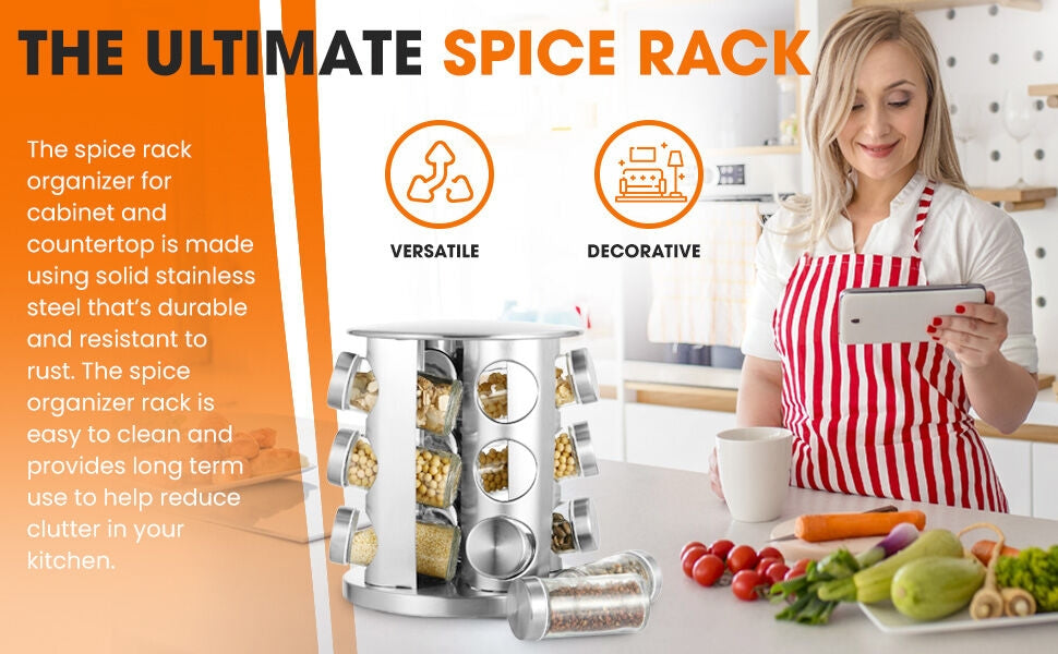 Rotating Spice Rack with 12 Glass Jars/Spice Shelves