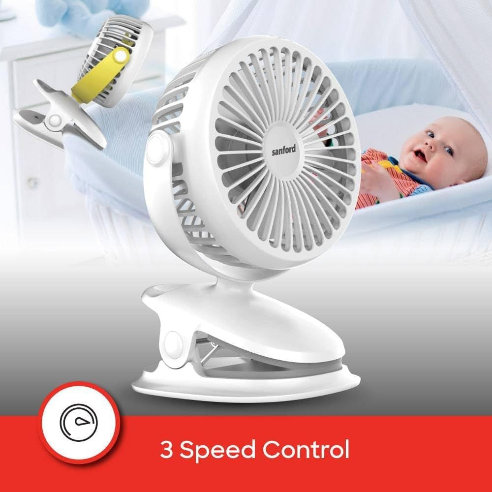 SANFORD Rechargeable Portable Clip Fan – 2000mAh Battery, 5Hr Run Time, 3-Speed, 360° Rotation, Strong Grip Clip, USB Charging