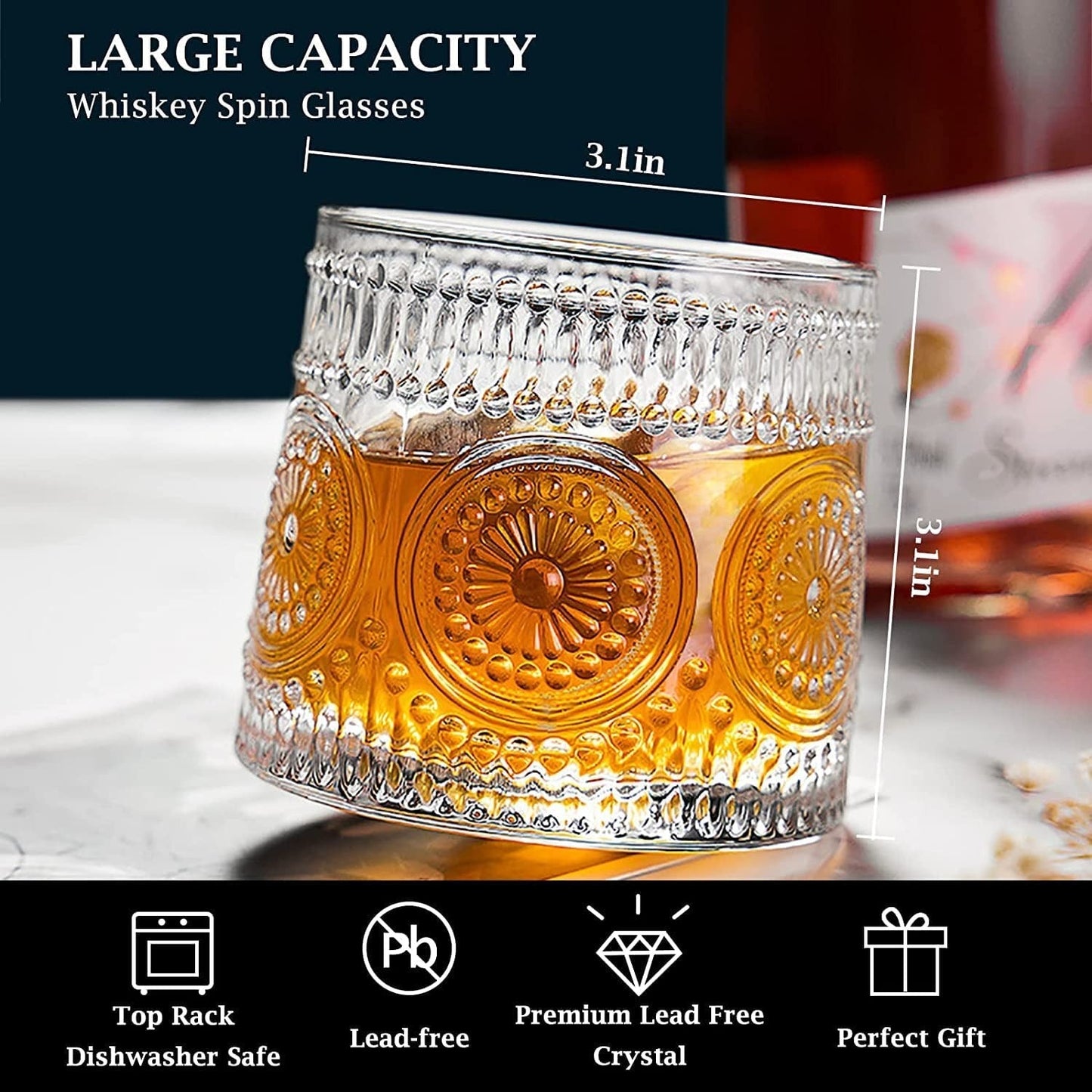 Crystal Dancing Revoving Whiskey Glasses 6pcs- 310 ml Bar Glass for Drinking Bourbon, Whisky, Scotch, Cocktails, Cognac- Old Fashioned Cocktail Tumblers