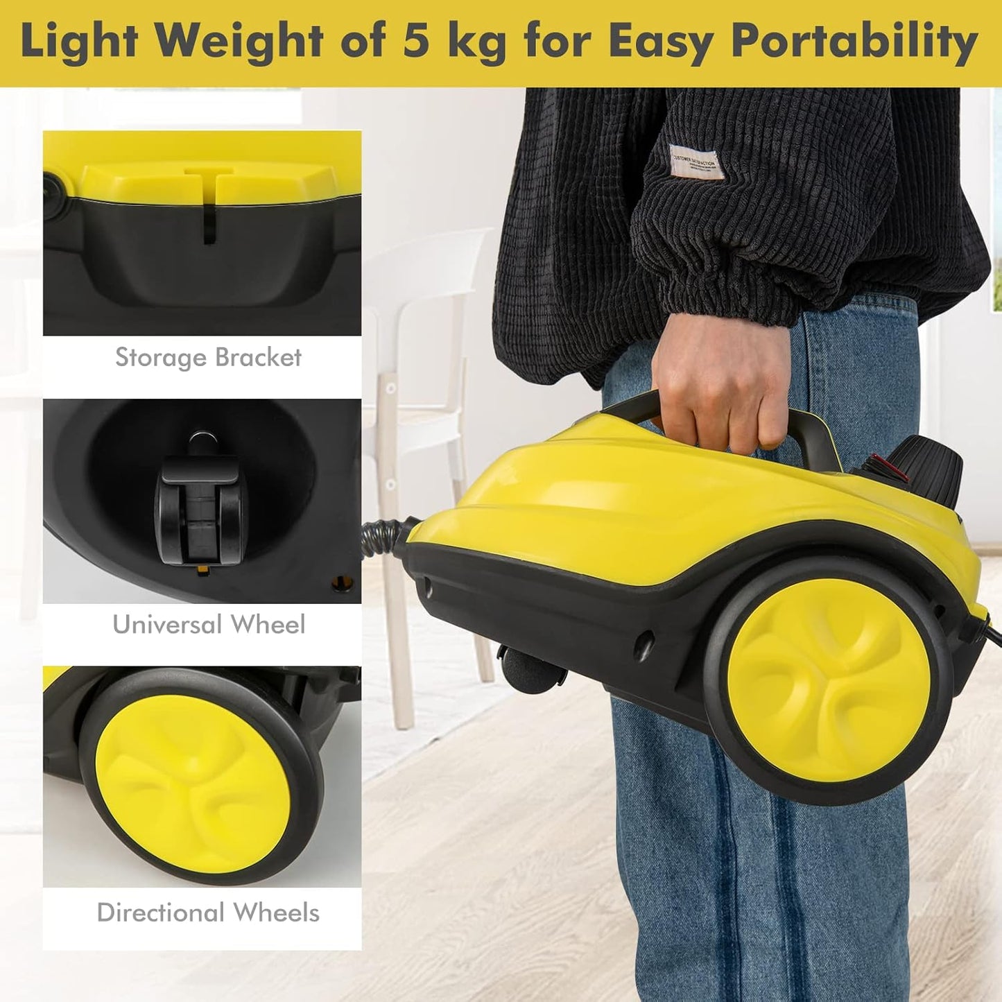Steam Cleaner, 1800W Handheld Floor Steamer Cleaning Mop with Universal Wheel, 1.8L Tank, Professional-Grade Steamer for Cleaning Floors, Mattresses and Cars (Yellow)