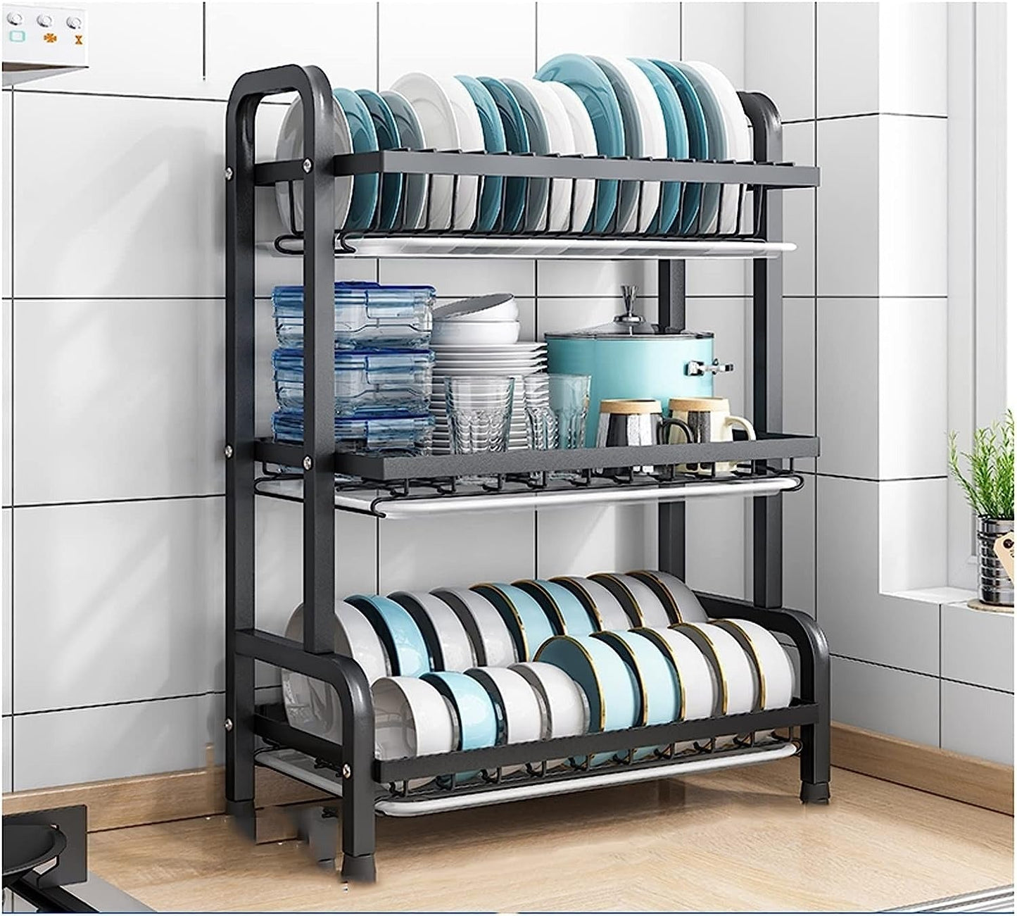 3-Tier Stainless Steel Kitchen Dish Drying Rack / Heavy Duty Standing Dish Drainer with Cutlery Holder