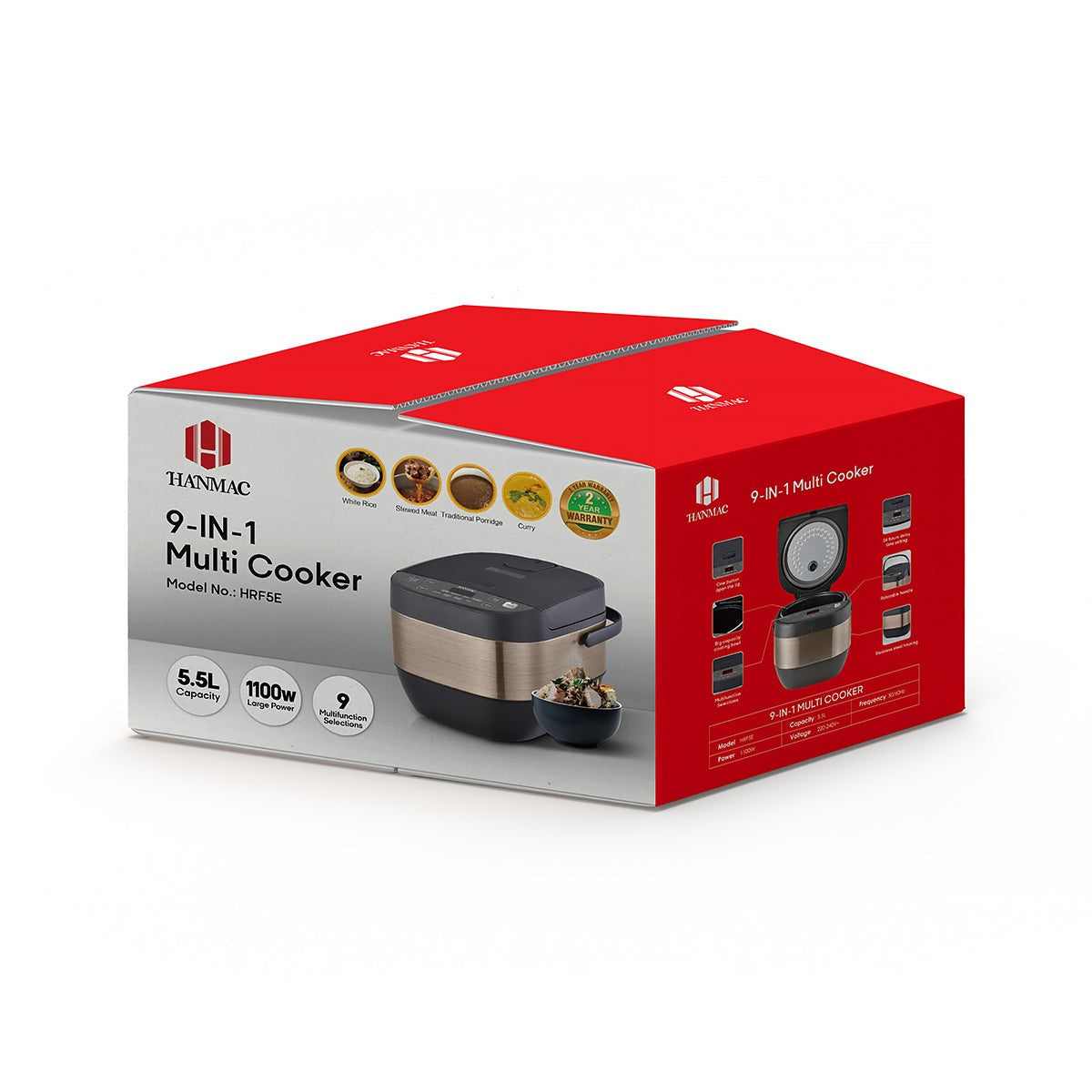 Hanmac 5.5L 9-in-1 Multi Cooker Rice Cooker– 1100W, Stainless Steel Body, Delay Timer, Non-Stick Bowl & Family-Sized Capacity