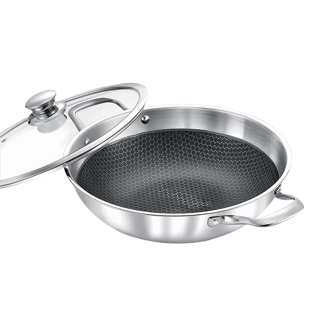 30cm Wok Pan 4.5L Deep Skillet Griddle with Lid – Tripply S/S Stainless Steel, Honeycomb Non-Stick Coating – Induction Compatible Stir-Fry Pan