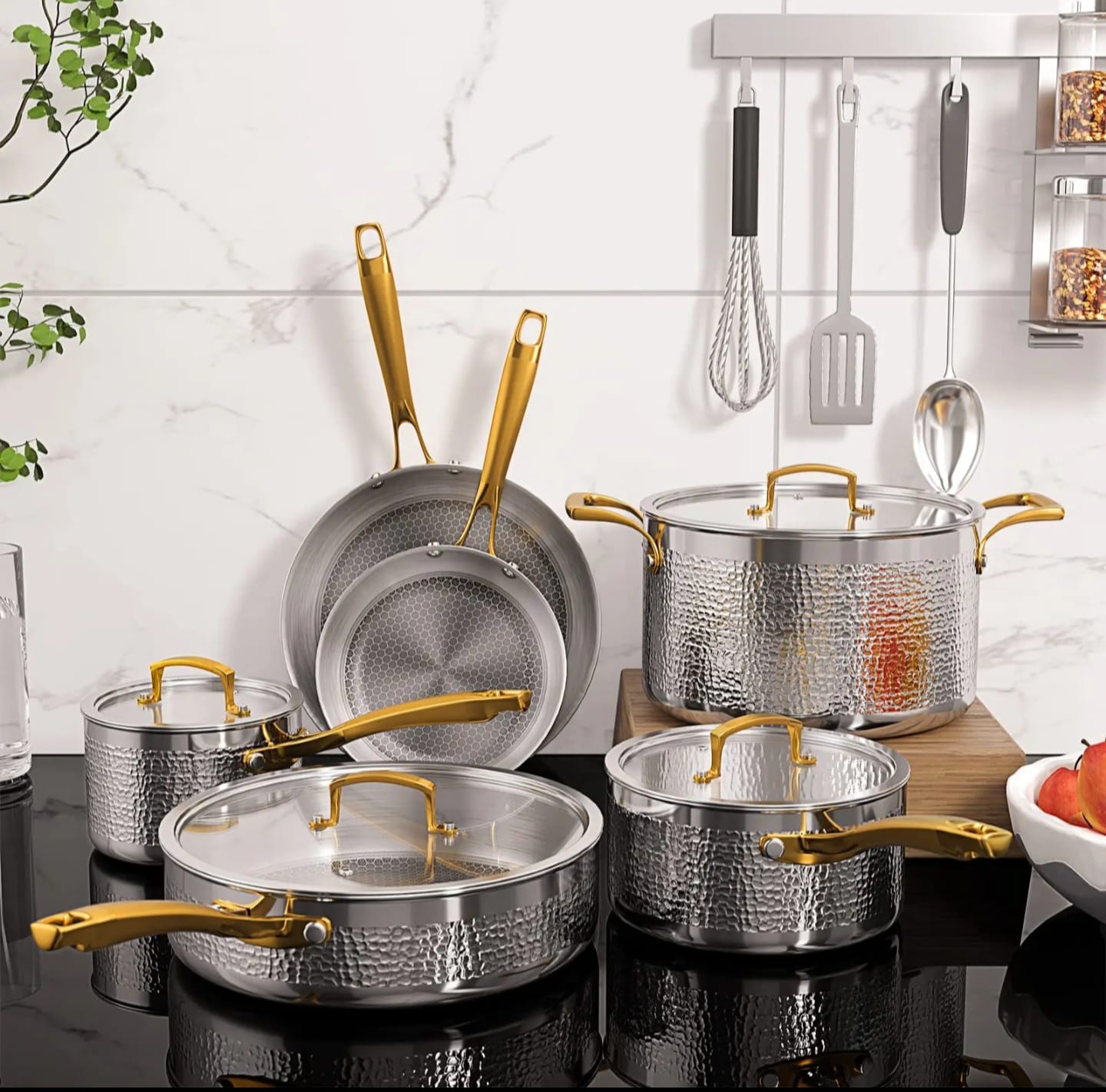 Uakeen 10 PCS Premium Tri-Ply Stainless Steel Cookware Set Hammered Design, Non-Stick, All-Cooktop Compatible