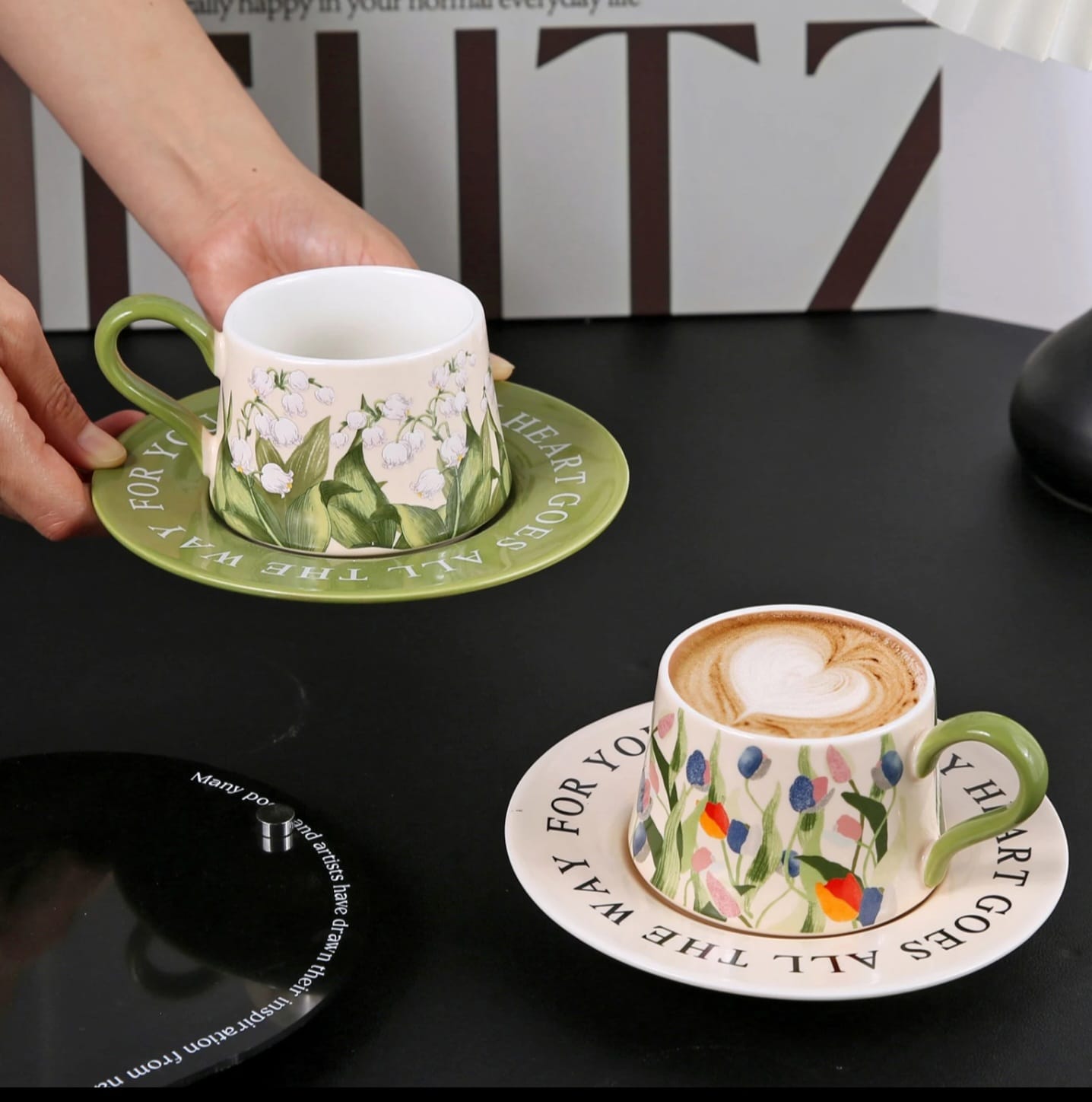 Hand Printed Peony Ceramic Coffee Cup with Saucer Set 300ml Gift Box