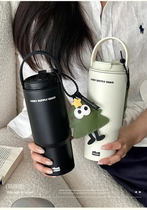 700mL 316 Stainless Steel Tumbler with Leather Charm – Portable, Insulated, Tea Separation Design, Car Cup Holder Friendly for On-the-Go