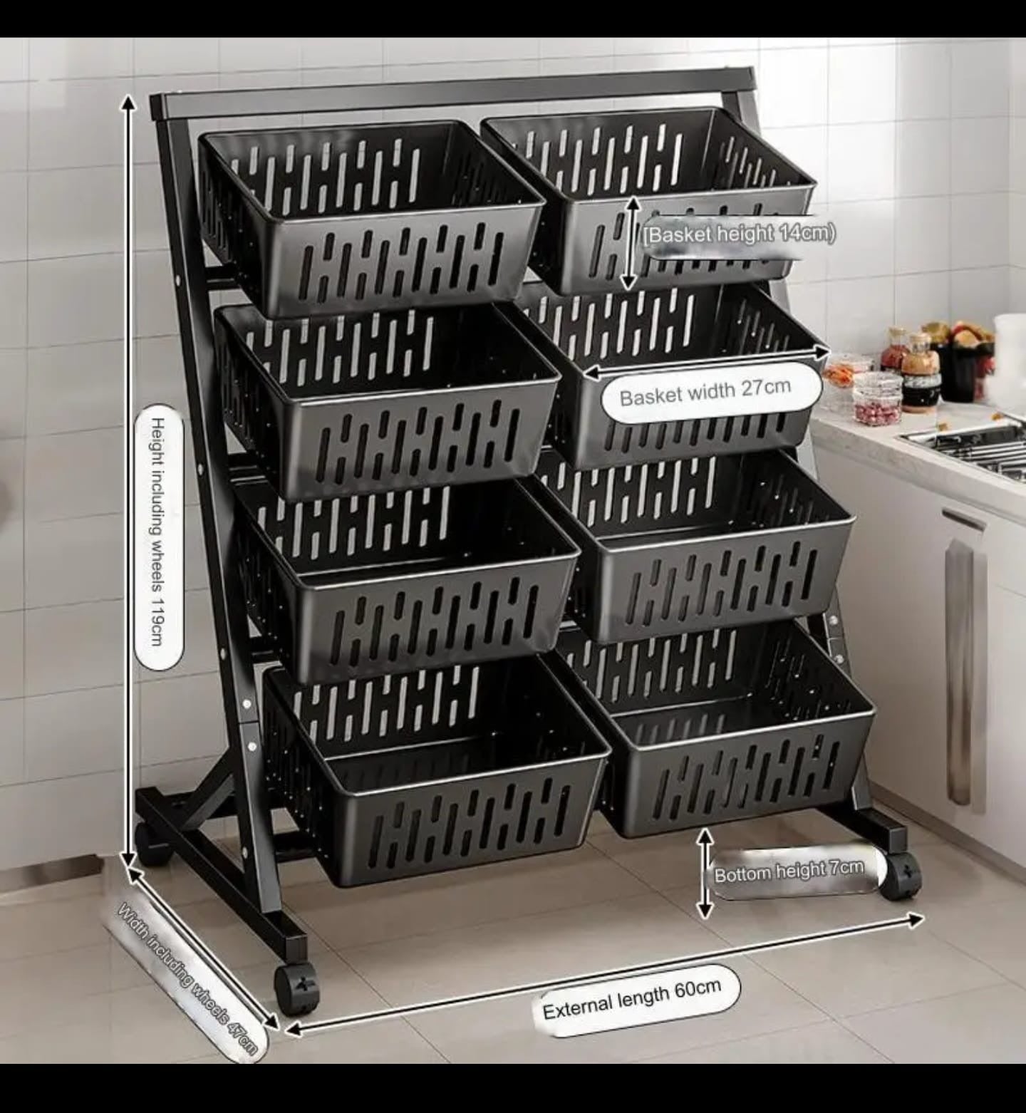 4 Layer Multi-Functional Steel Kitchen Vegetable & Fruit Rack with Lockable Wheels – Durable, Stackable Storage for Home Organization
