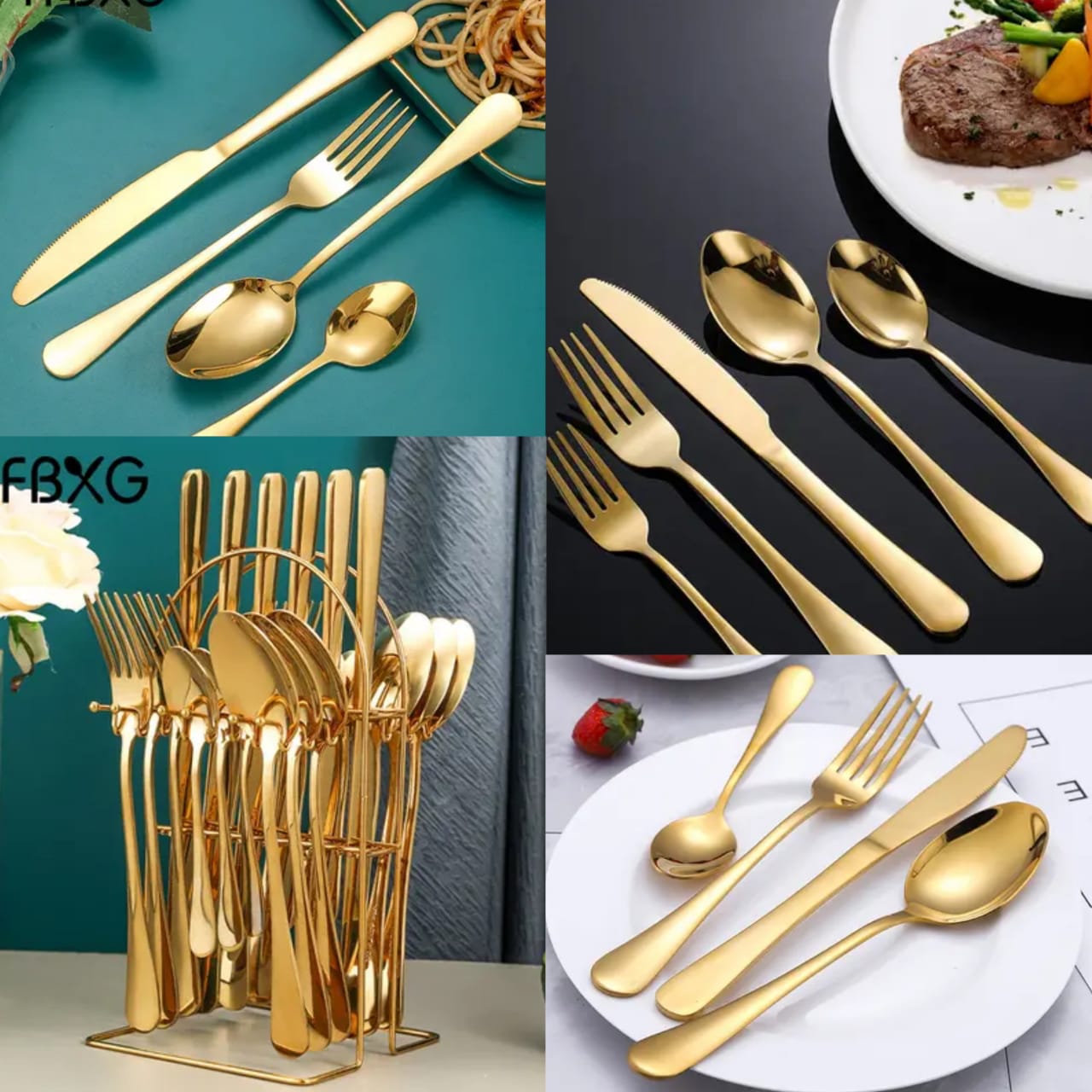 24pc gold cutlery set .