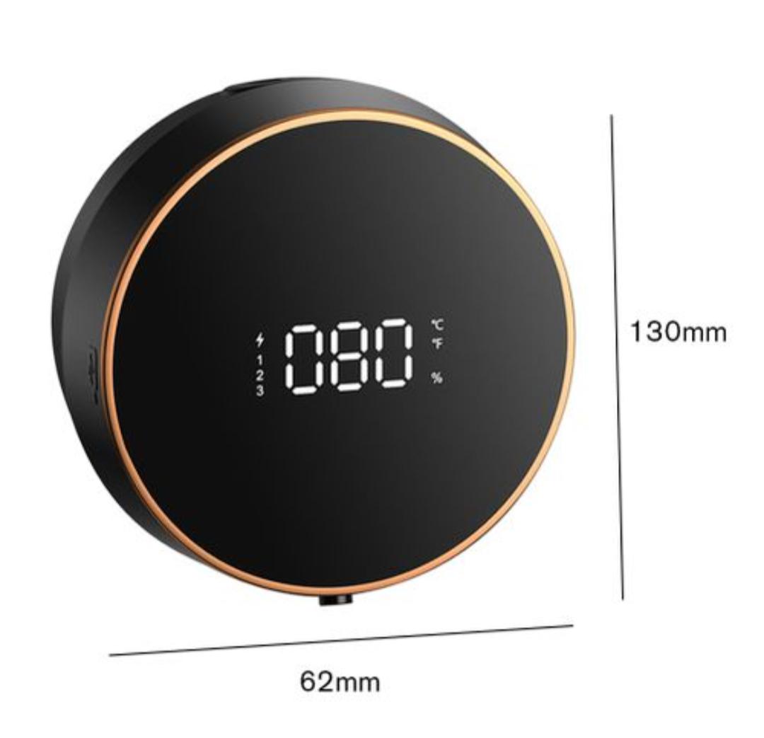 Automatic soap dispenser with temperature display.