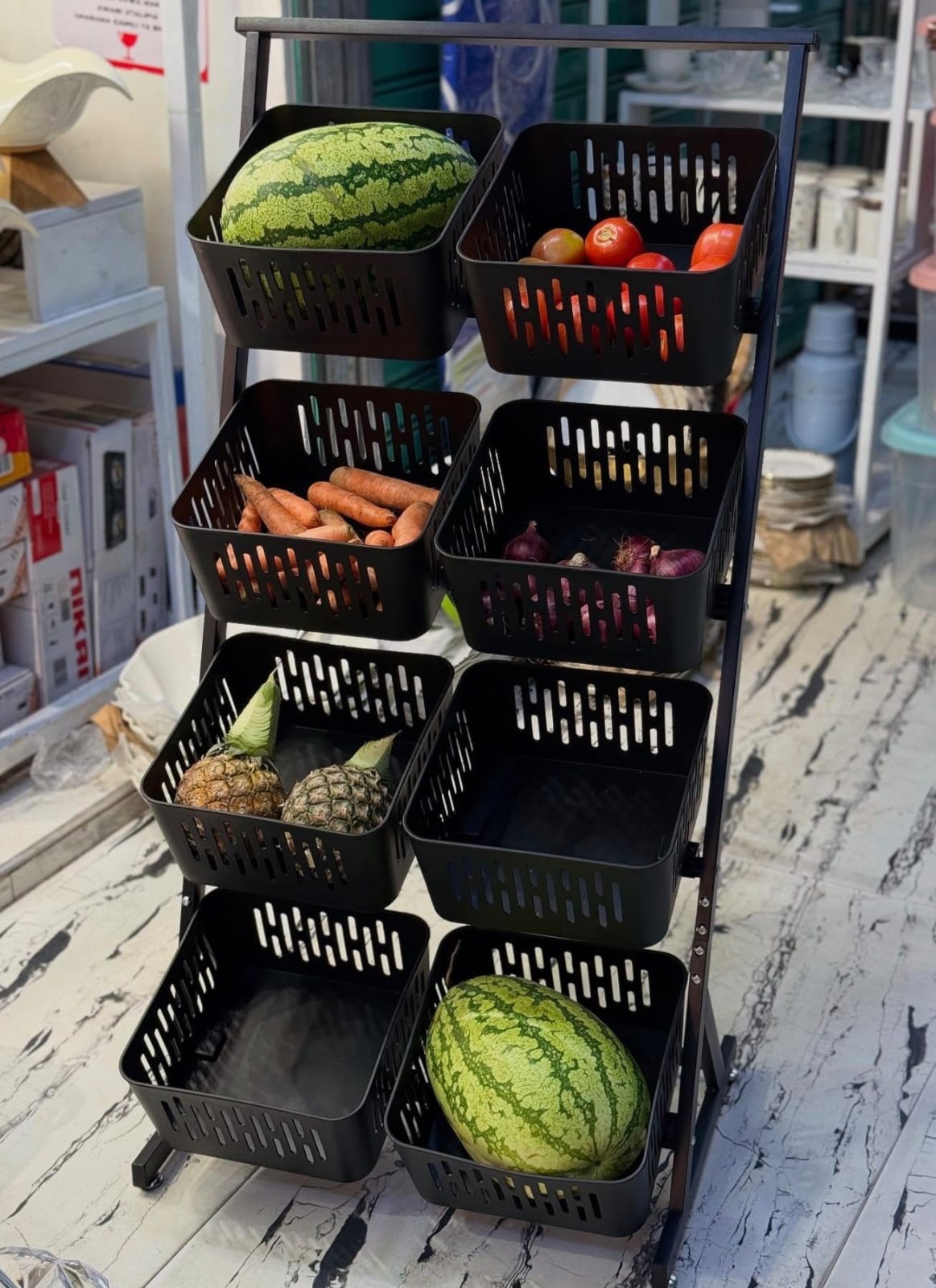 4 Layer Multi-Functional Steel Kitchen Vegetable & Fruit Rack with Lockable Wheels – Durable, Stackable Storage for Home Organization