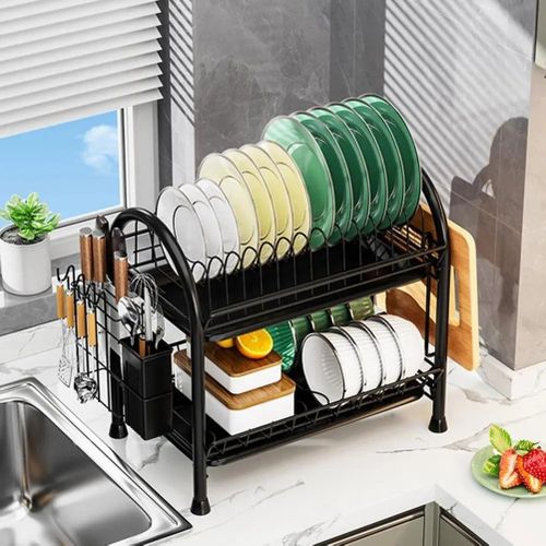 Double-Tier Dish Drainer, Kitchen Dish Storage Rack with Drain Tray - Black
