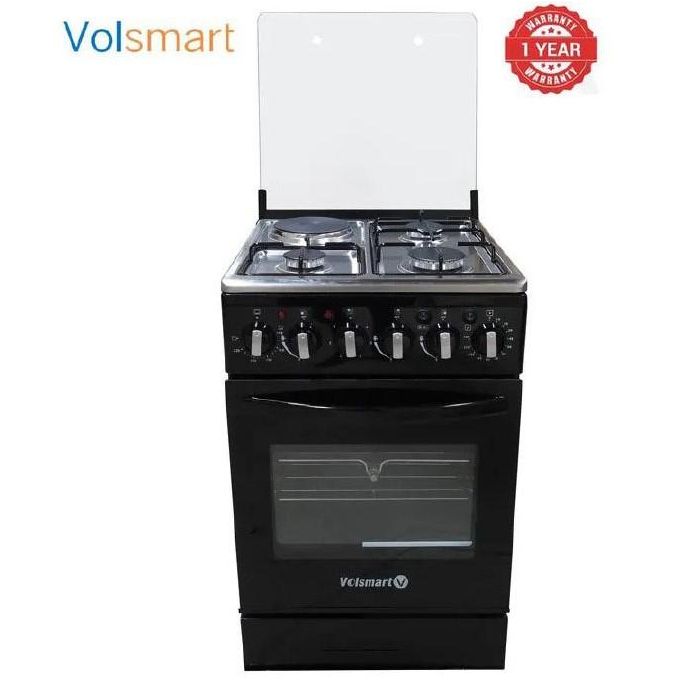 VOLSMART Standing Gas Cooker - 50*55, 3 Gas Jet Burners + 1 Hot Plate, Electric Oven - Black