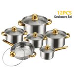 12Pcs Heavy Non-Stick Cooking Pot Set/Cookware Set With Frying Pan  - With Glass Lid - Gold