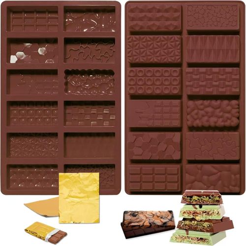 2 Pcs Creative Chocolate Molds with 100pc golden chocolate wrapping paper, Candy Bar Molds Silicone Deep Shapes, Silicone Molds for Wax Melts Non Stick Large