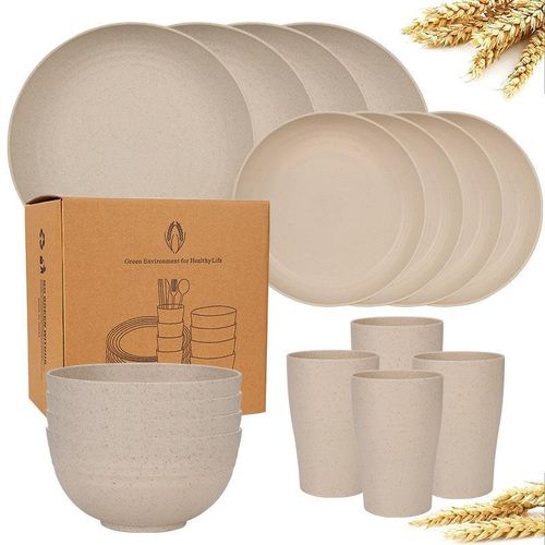 16PC Wheat Straw Bowls, Plates And Dishware Set - Beige