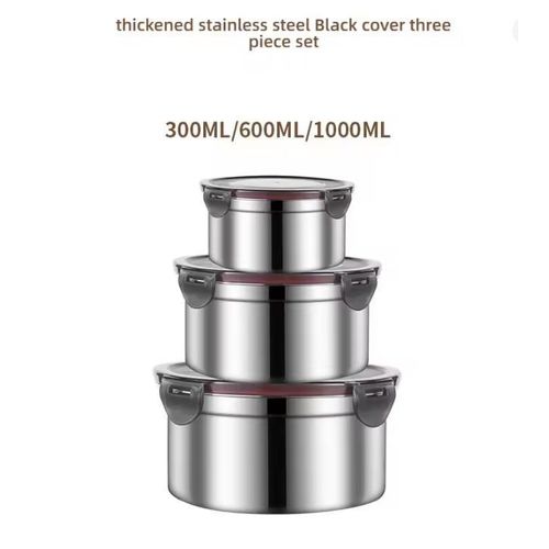 Three-piece stainless steel food storage container set, refrigerator airtight container, lunch box (300ml + 600ml + 1000ml)