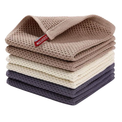 TodyJeyHo 100% Cotton Waffle Weave Kitchen Dish Cloths, Tea Towels Ultra Soft Absorbent Quick Drying Dish Towels, 34×34 CM, 3 Pack(Dark blue, Beige, Brown)