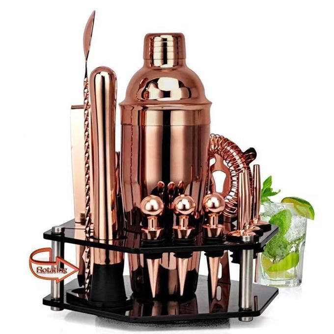 TodyJeyHo Set of 14 pieces for drinks, stainless steel, pink gold cocktail shaker, black rotating acrylic holder, pink gold
