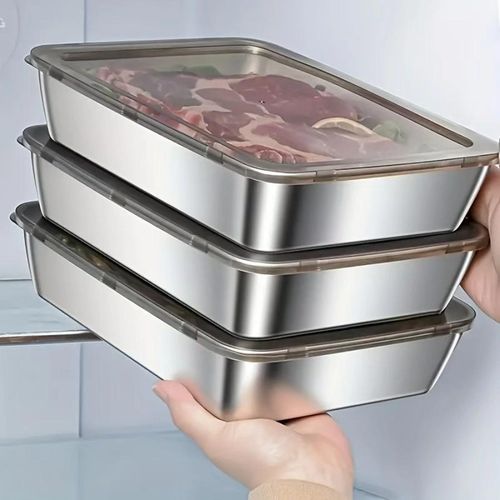addigoes 3-Piece Stainless Steel Food Container Set - Airtight Storage Boxes &amp; Kitchen Trays, Freezer &amp; Oven Safe with Lids, Dishwasher Safe
