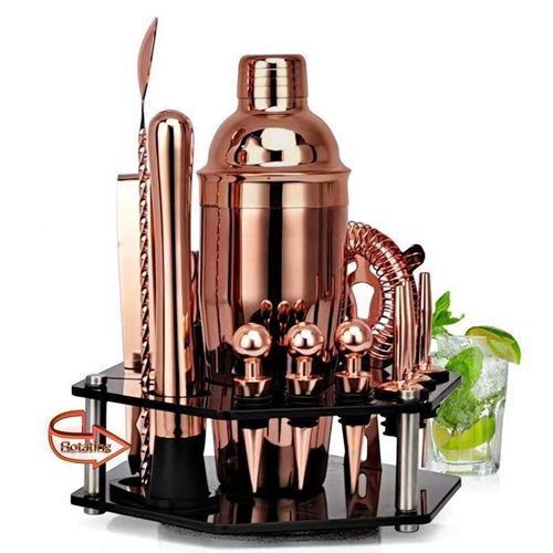 TodyJeyHo Set of 14 pieces for drinks, stainless steel, pink gold cocktail shaker, black rotating acrylic holder, pink gold