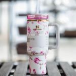 Staedtler Stanely Quencher40oz Tumble-white with pink Floral- with Handle &amp; staw
