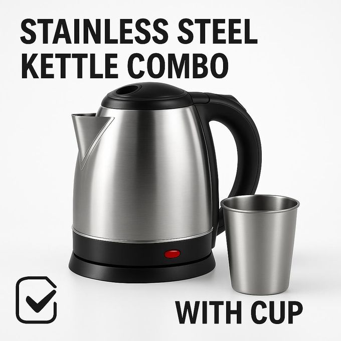 Stainless Steel Electric Kettle with Stainless Steel Cup Combo, Portable Hot Water Boiler with Auto Shut-Off, Durable Home and Office Kettle Set 1.8L