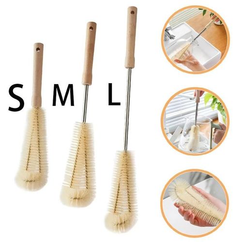 3PCS Bottle Cleaning Brush Set,  Long Wooden Handle Natural Bristle Water Bottle Cleaning Brush for Water Bottle, Cup, Teapot, Baby Bottle, Pot(S&amp;M&amp;L)