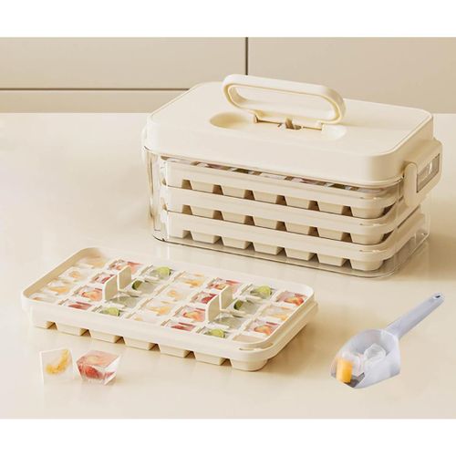 Ice Cube Trays with Lids, Scoop &amp; Ice Bucket 28/84 Pcs Portable Silicone Ice Cube Mold with Easy Pop Out Reusable Freezer Ice Box for Fridge (White, 3 Layer(84 pcs))