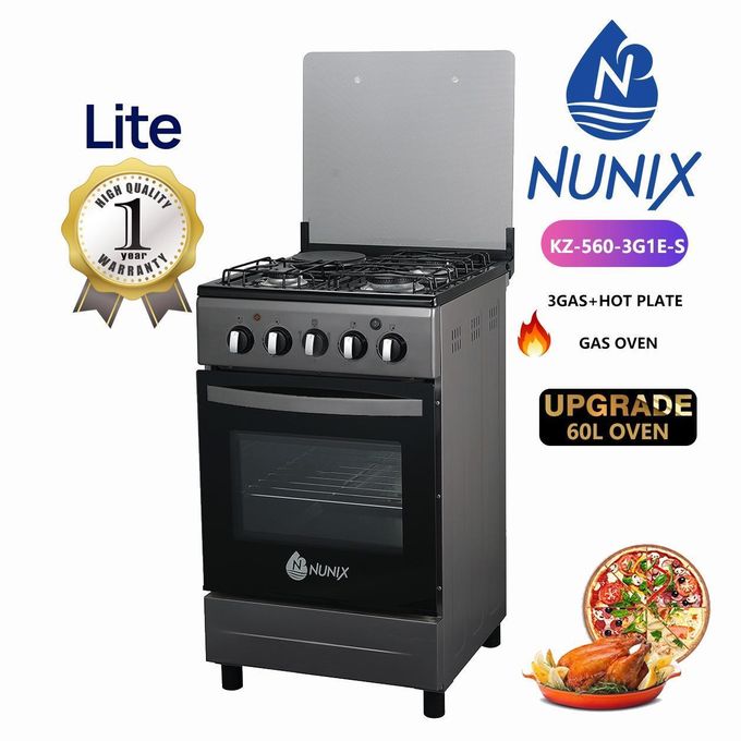 Nunix Cooker 50×55cm 3 Gas Burner, 1 Electric plate With Gas Oven KZ-560-3G1E-S