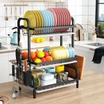 CYFAZA Dish Drying Rack, Metal 3-Tier Large Capacity Dish Rack with Utensil Holder, Cutting Board Holder, Draining Board Tray for Kitchen Counter Storage (Black)