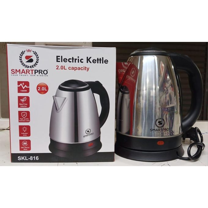 SmartPro Stainless Steel Electric Kettle 2L Fast Boil, Durable, Energy Efficient, Sleek Kitchen Appliance for Tea, Coffee, Hot Water, Easy Pouring, Cordless Design for Home and Office Use