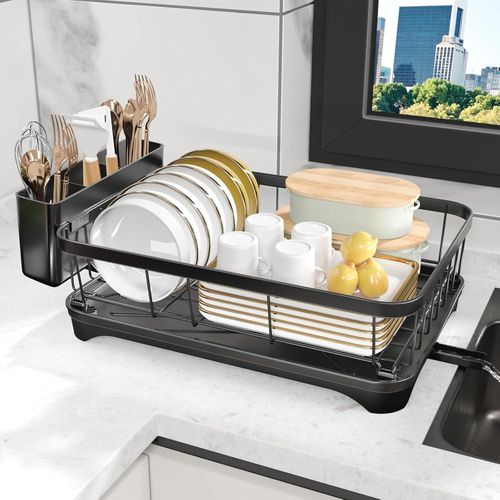 Flushrenic Dishwashing rack,Kitchen countertop cutlery drying rack,Dish Drying Rack for Kitchen Counter,Adjustable Drain Spout,Utensil Separation Design,Spout Removable Utensil and Cup Holder,Kitchen storage