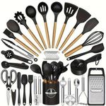 44pcs Ustensiles De Cuisine En Silicone Avec Manche En Bois, Spatules Antiadhésives