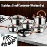 18pcs - stainless steel cookware set including milk pot, soup pot, flat bottom non-stick pan, pot lid, spatula combination pot set