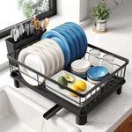 addigoes Iron Dish Rack with Extendable Drainboard &amp; Knife Holder - Space Saving Counter Drying Rack with Utensil Holder and Knife Slots (Black)
