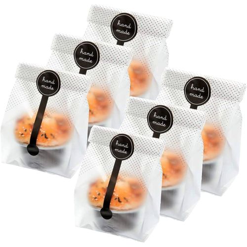 100pcs Translucent Plastic Bags, BetterJonny Cellophane Bags with 100Pcs Hand Made Stickers for Cookie, Cake, Chocolate, Candy, Bakery Party Supplies