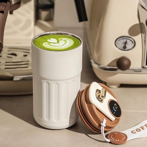 Coffee Cup with Temperature Display Thermal Mug, Leak-proof Lid Stainless Steel Reusable Insulated Vacuum Mug, Coffee 450ML