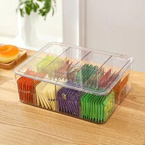 Acrylic Tea Bag Organizer With Cover - Durable, Transparent &amp; Multi-functional Storage Box With Compartment Dividers