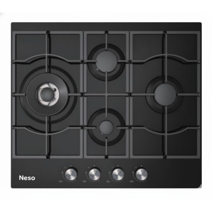 Neso 60cm Built-in Gas Hob, 4-Burner, Black Tempered Glass, Cast Iron Supports, Triple Burner &amp; FFD Safety