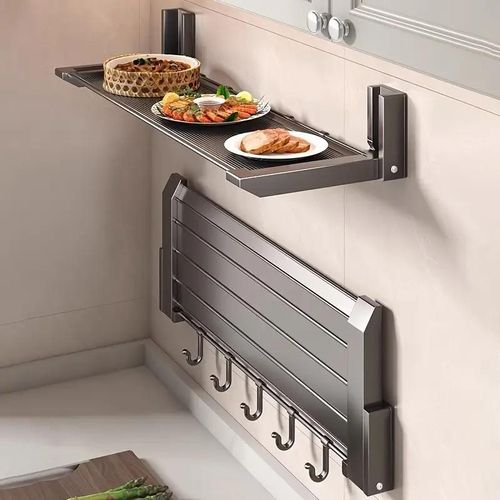 1pcs Punch-free wall-mounted folding kitchen rack, removable and washable (39cm thick + 5 hooks)