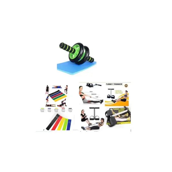 Yoga bands 5 pieces + Tummy trimmer + Abs roller waist trainer and free mat