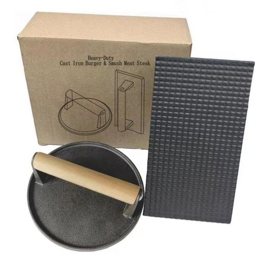 Cast Iron Hamburger Meat Press &amp; Cast Iron Bacon Press Wooden Handle Grill