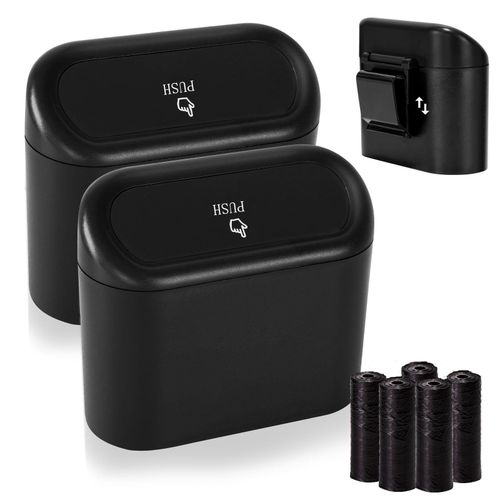 Flushrenic 2-piece mini car trash can with lid, small trash can, leak proof ABS trash can, car interior accessories, household trash can, suitable for cars and offices, with 30 garbage bags