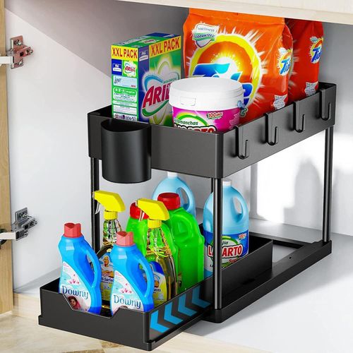 Under Sink Organizers and Storage, 2-Tier Sliding Cabinet Basket Organizer with Hooks, Multi-Purpose Under Sink Organizers and Storage for Bathroom Kitchen
