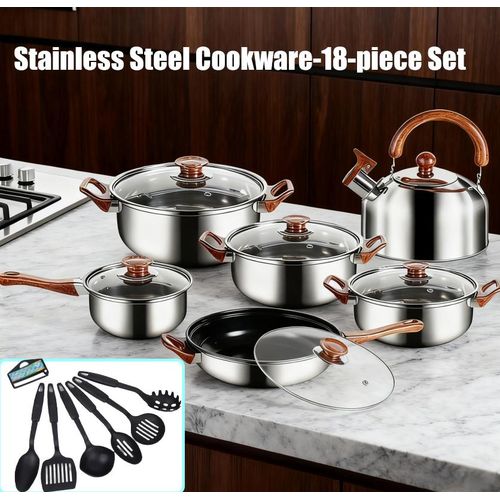 18pcs - stainless steel cookware set including milk pot, soup pot, flat bottom non-stick pan, pot lid, spatula combination pot set