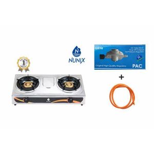 Nunix Table Top Double Burner Gas Stove Cooker + Pipe &amp; Regulator