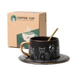 Luxury Artist Design Cat Cup and Plate Set with Spoon - Black