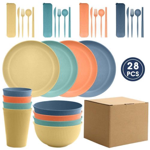 Macaron 4 colors 28-piece set wheat straw plate bowl cup k-n-ife fork spoon chopsticks outdoor tableware set