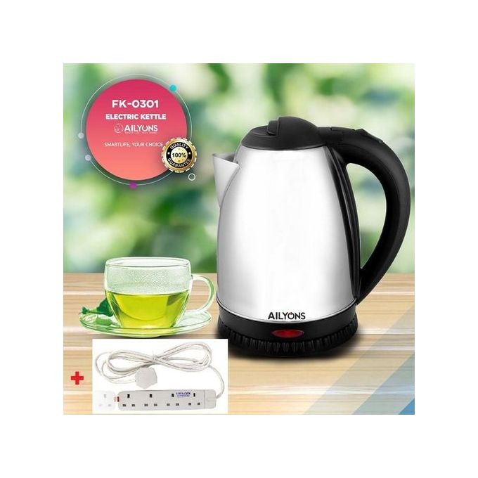 AILYONS Elec Stainless Steel Cordless  Kettle + Free 4Way Ext Cable