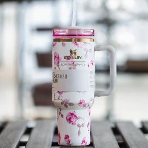 Staedtler Stanely Quencher40oz Tumble-white with pink Floral- with Handle &amp; staw